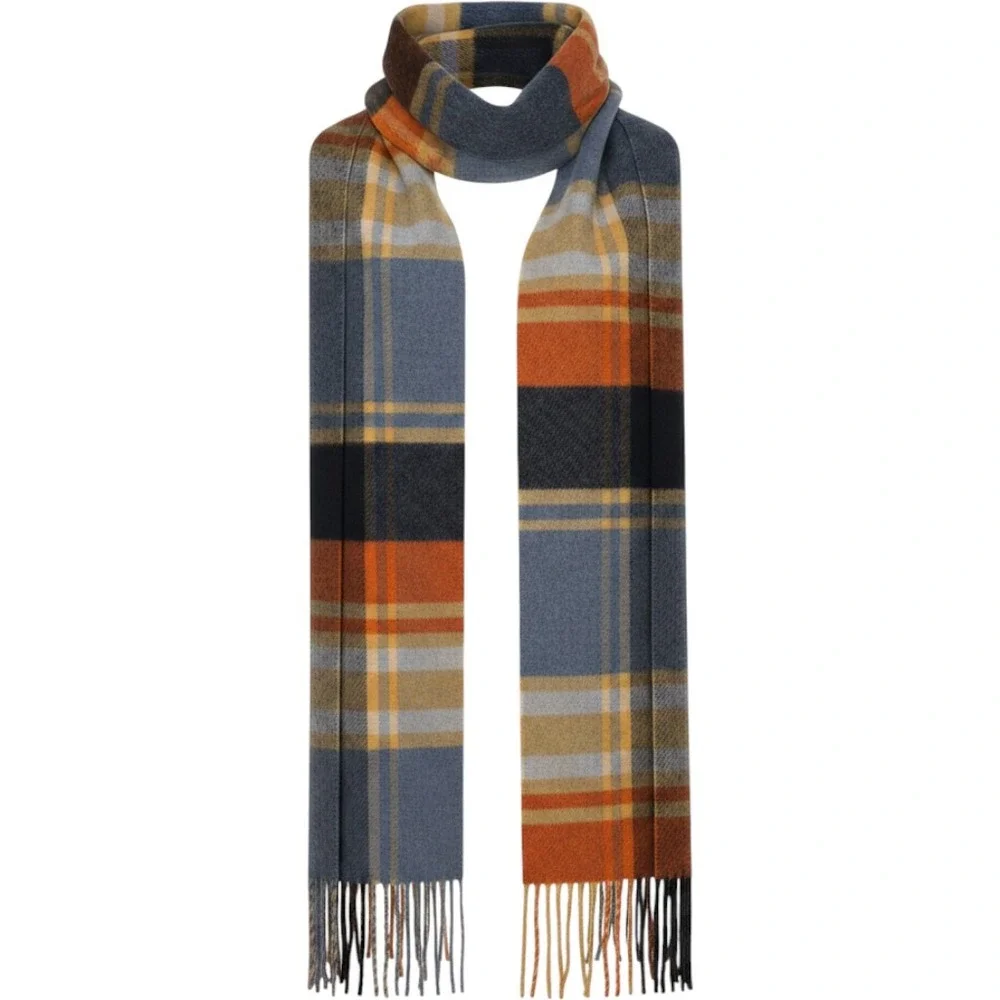 Woolmark Pure New Wool Plaid Scarf Made in Italy Blue Orange Yellow Fringe